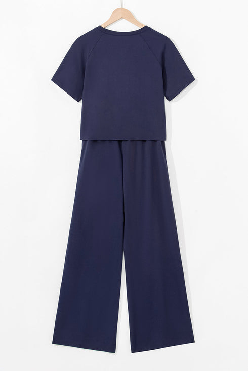 Smocked Raw Hem Loose Tee Wide Leg Pant Sets