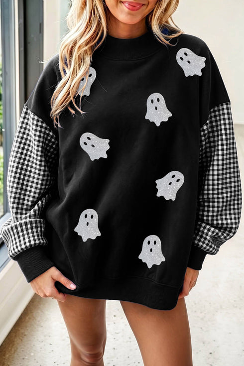 Ghost Print Plaid Sleeve Patchwork Tunic Sweatshirt