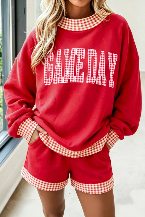 Gingham Trim Graphic Long Sleeve Top Shorts Set