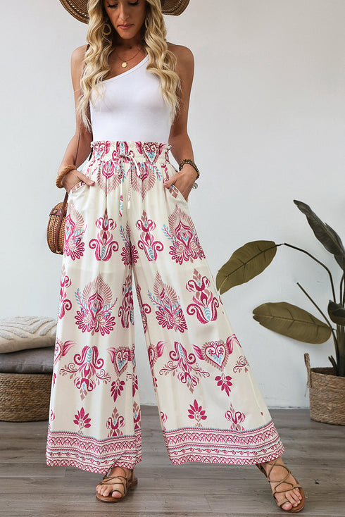Bohemian Printed Smocked High Waist Wide Leg Pants