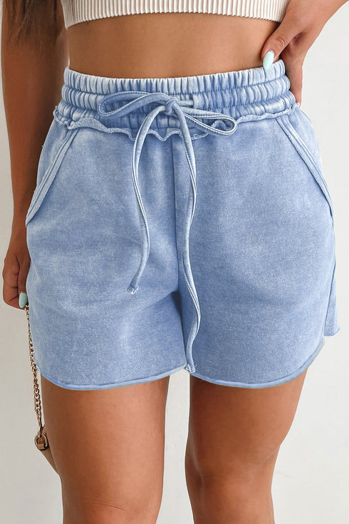 Mineral Washed Drawstring Elastic Waist Raw Cut Casual Shorts