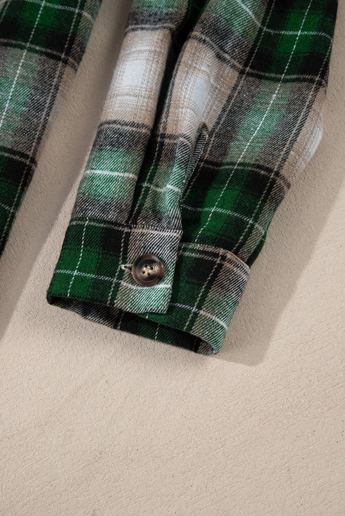 Plaid Print Chest Pocket Button Down Hooded Shacket