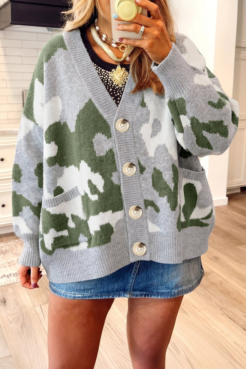 Camouflage Drop Shoulder V Neck Button Front Cardigan