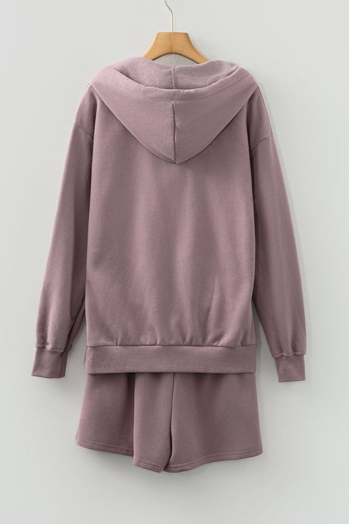 Button Drawstring Hooded Pullover Casual Short Set