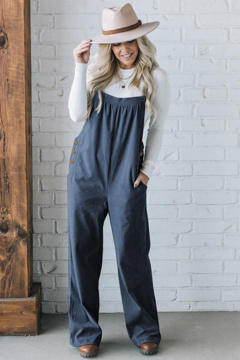 Adjustable Shoulder Straps Button Detail Corduroy Jumpsuit