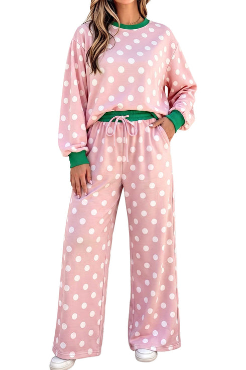 Polka Dot Trim Long Sleeve Top Drawstring Shift Pant Set