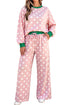 Polka Dot Trim Long Sleeve Top Drawstring Shift Pant Set