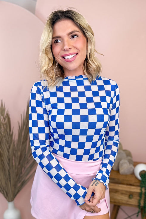 Plaid Pattern Mesh Sheer Long Sleeve Top