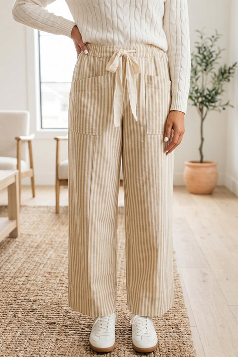 Striped Ribbon Drawstring Waist Full Length Shift Pants