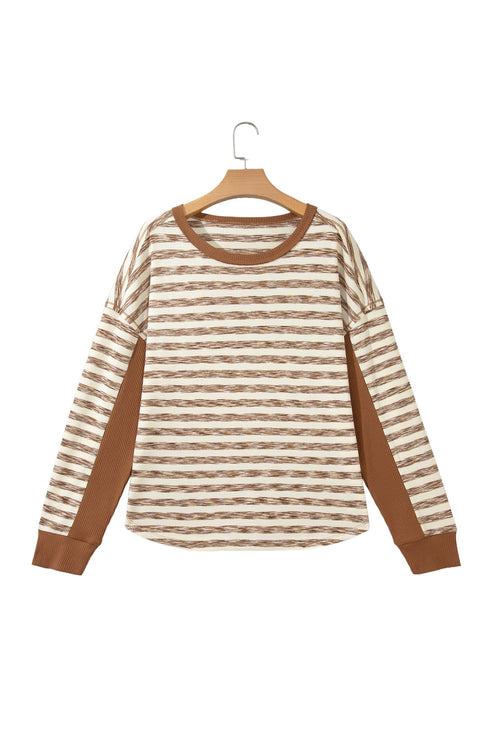 Striped Waffle Knit Round Neck Long Sleeve Top