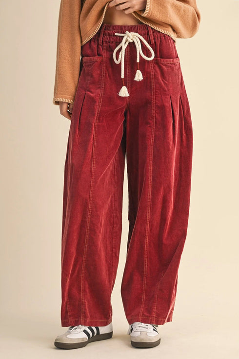 Polyester Racing Elastic Waist Drawstring Corduroy Pants