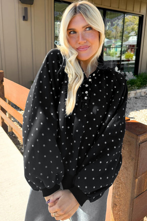 Metal Button Collar Polka Dot Pullover Sweatshirt