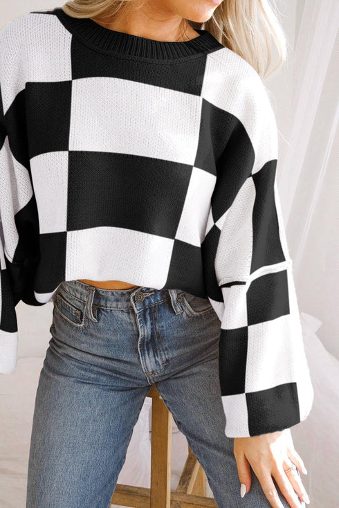 Acrylic Seamed Checkered Pattern Bishop Sleeve Sweater