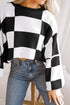 Acrylic Seamed Checkered Pattern Bishop Sleeve Sweater