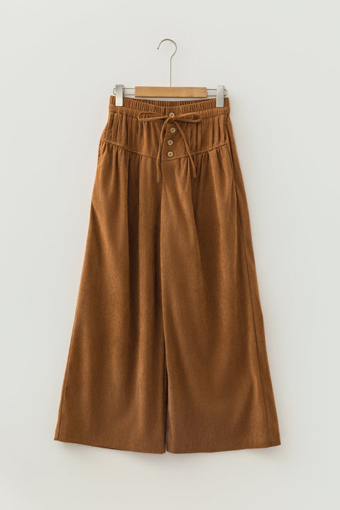 Elastic Waist Wooden Button Placket Ankle Length Wide Leg Pants