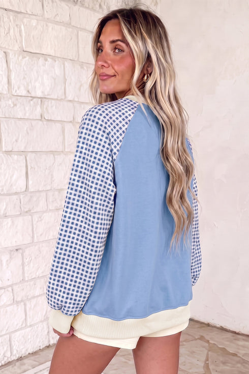 Polyester Plaid Pattern Sleeve Raglan Pullover Sweatshirt