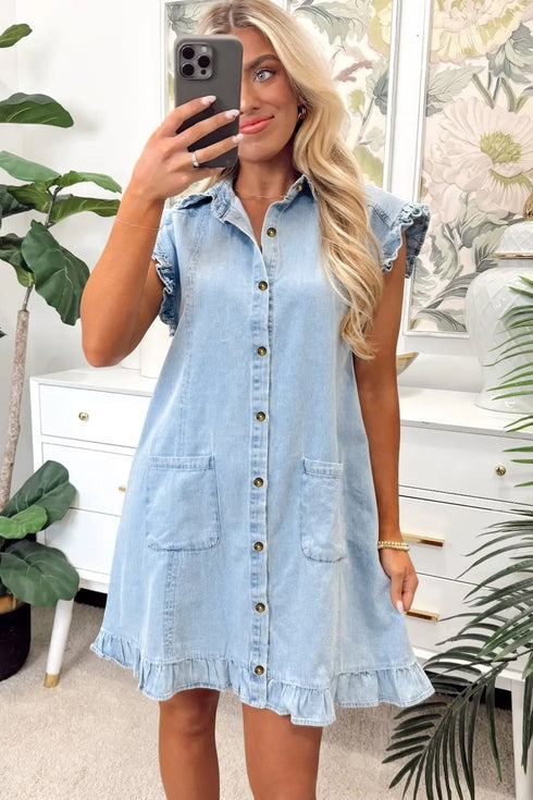 Western Ruffled Edge Collared Denim Shift Mini Dress