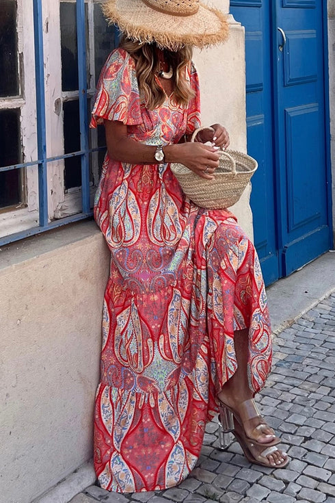 Paisley Print V Neck Short Sleeve Ruffle Bohemian Dress