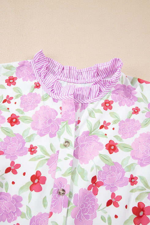 Southern Belle Striped Trim Frilled Neck Mini Floral Dress