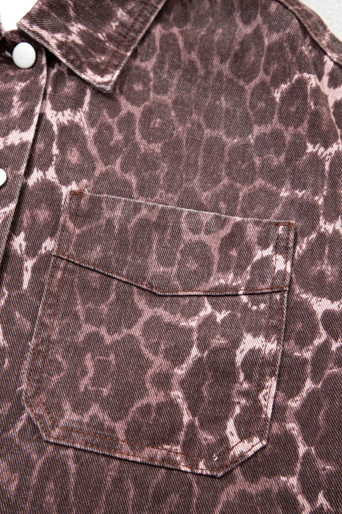Leopard Print Oversized Patch Pocket Long Sleeve Denim Jacket