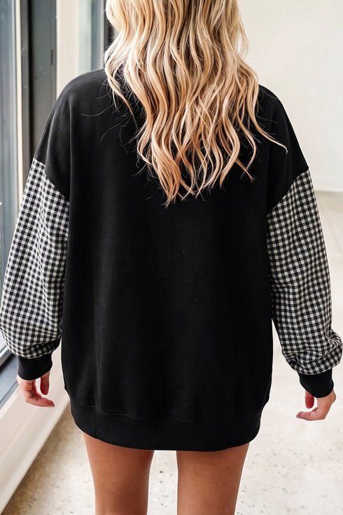 Ghost Print Plaid Sleeve Patchwork Tunic Sweatshirt