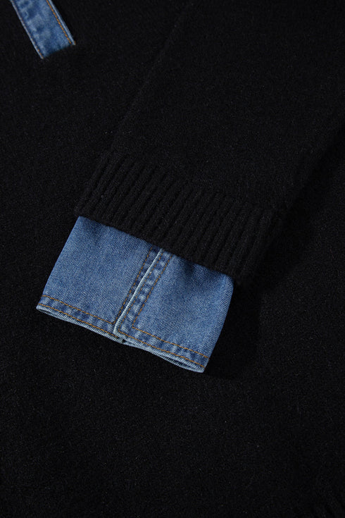 Acrylic Polyester Denim Patchwork Collar Cuffed Sweater