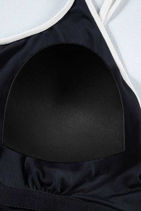 Ribbed Contrast Trim Adjustable Strap Two Piece Swimwear