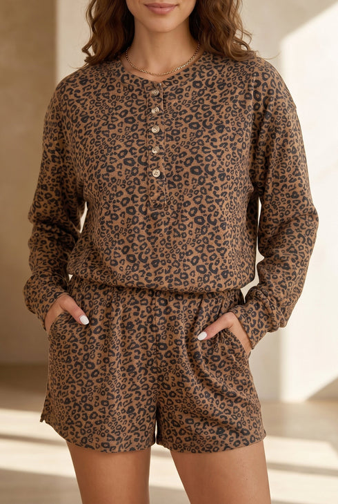 Leopard Print Long Sleeve Henley Top Elastic Waist Shorts Two Piece Outfit Short Set