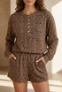 Leopard Print Long Sleeve Henley Top Elastic Waist Shorts Two Piece Outfit Short Set