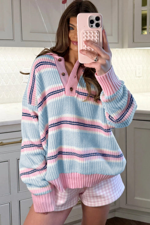 Striped Button Collar Long Sleeve Shift Fit Knitwear Sweater