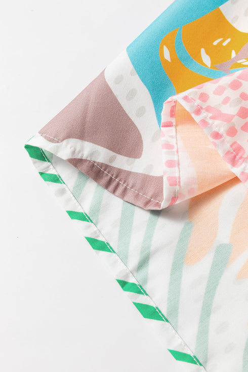 Abstract Leaf Print Ruffled High Neck Blouse