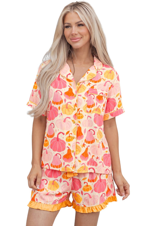 Pumpkin Print Pocket Placket Shell Button Lounge Set
