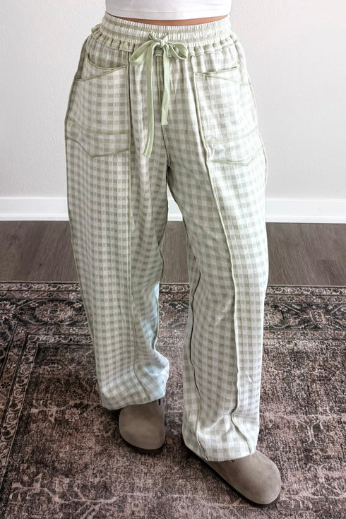 Plaid Trim Drawstring Elastic Waist Shift Pants