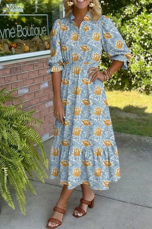 Bohemian Frilled V Neck Bracelet Sleeve Long Floral Dress