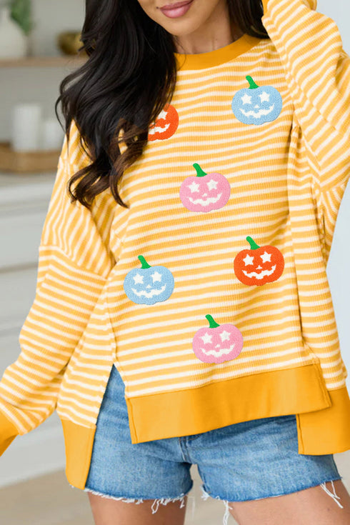 Pumpkin Face Stripe Waffle Knit Slit Pullover Sweatshirt