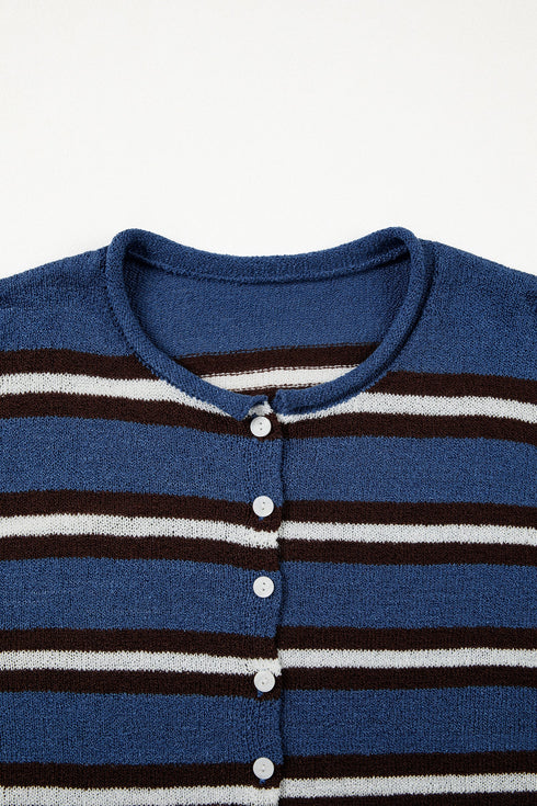 Acrylic Striped Pattern Drop Shoulder Button Cardigan