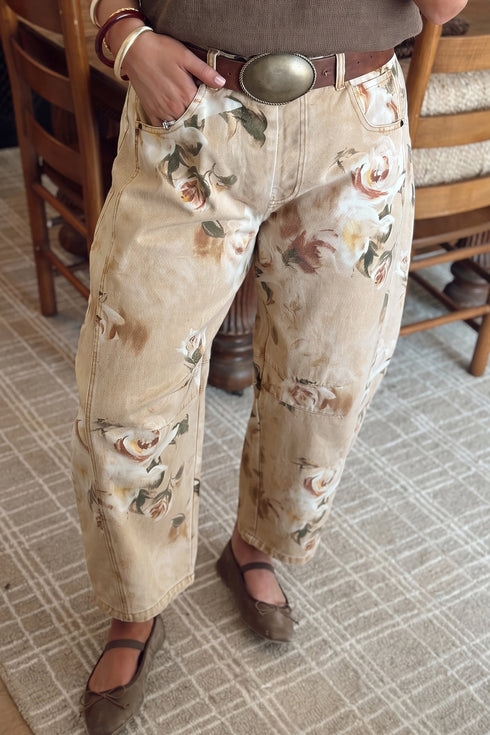 Denim Retro Floral Print Relaxed Barrel Jeans