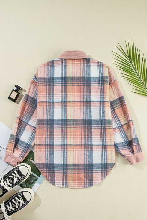Textured Corduroy Patchwork Chest Pocket Plaid Shacket