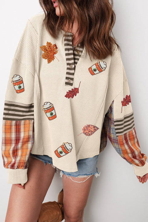 Sequined Pattern Plaid Stripes Patchwork Waffle Tee