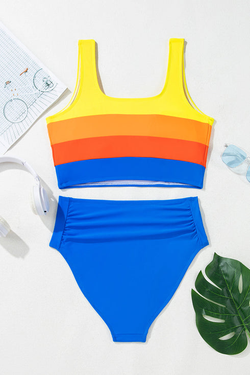 Sporty Color Block Tank Top High Waist Bikini Set