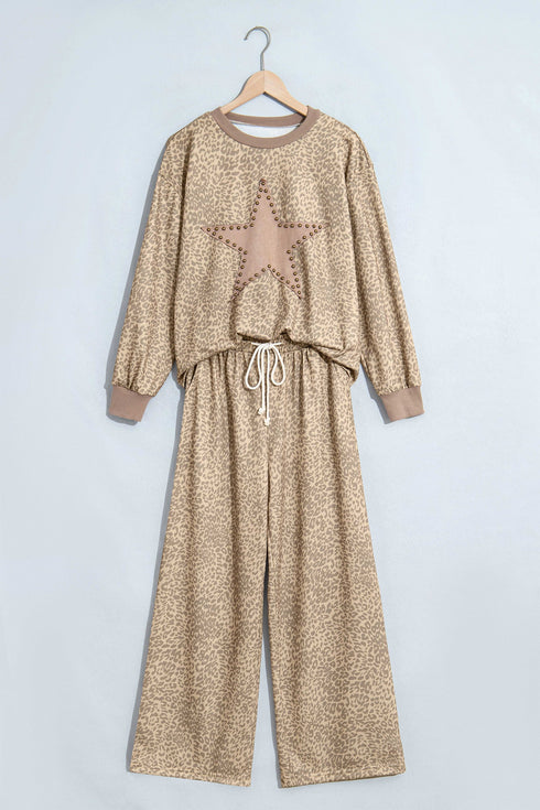 Leopard Star Print Long Sleeve Loose Two Piece Pant Set
