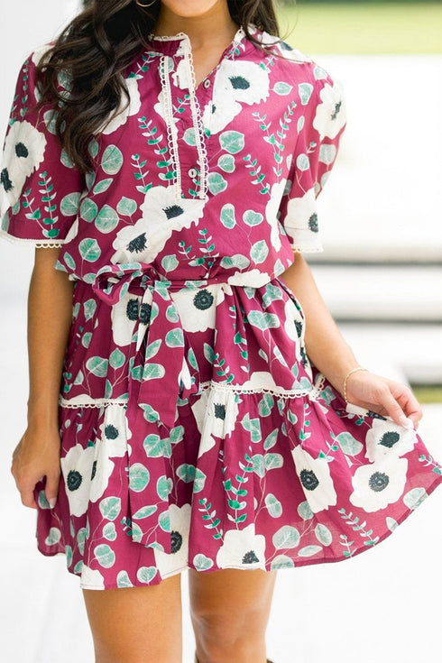 Puff Sleeve Belted A Line Mini Floral Dress