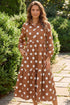Polka Dot Button Front Long Sleeve Shift Midi Dress