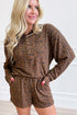Leopard Print Long Sleeve Henley Top Elastic Waist Shorts Two Piece Outfit Short Set