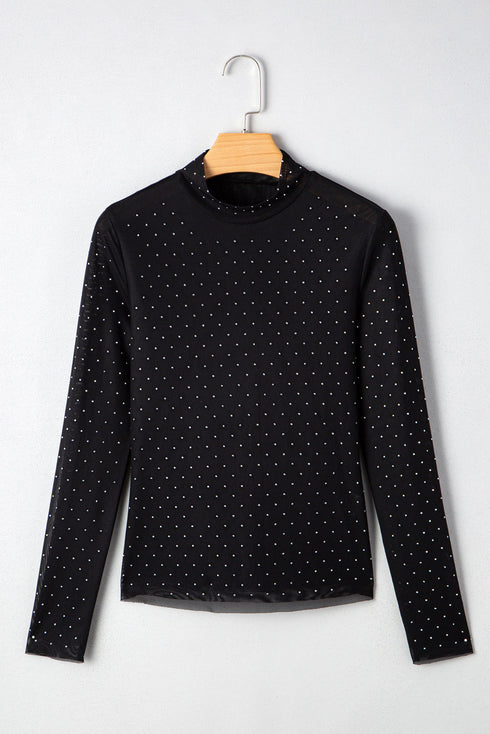 After Dark Glam Studded Mesh Mock Neck Long Sleeve Top