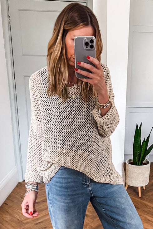 Airy Open Knit Slouchy Drop Shoulder Long Sleeve Pullover Sweater