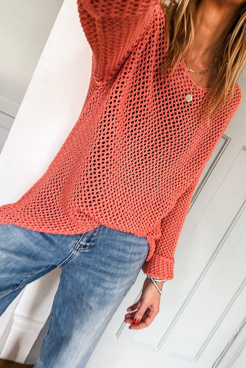 Airy Open Knit Slouchy Drop Shoulder Long Sleeve Pullover Sweater
