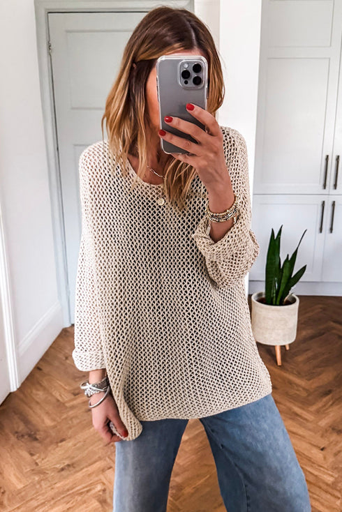 Airy Open Knit Slouchy Drop Shoulder Long Sleeve Pullover Sweater
