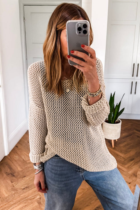 Airy Open Knit Slouchy Drop Shoulder Long Sleeve Pullover Sweater