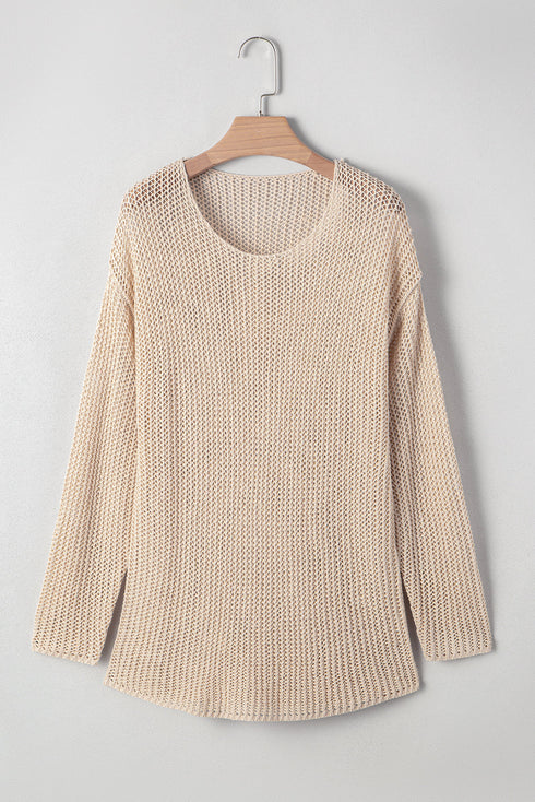 Airy Open Knit Slouchy Drop Shoulder Long Sleeve Pullover Sweater